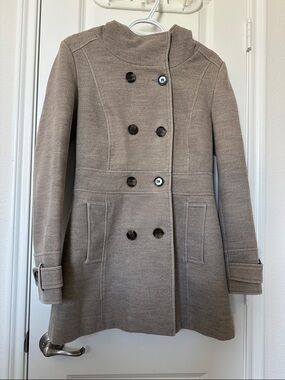 Women's Double-Breasted Dusty Tan Coat with Hood